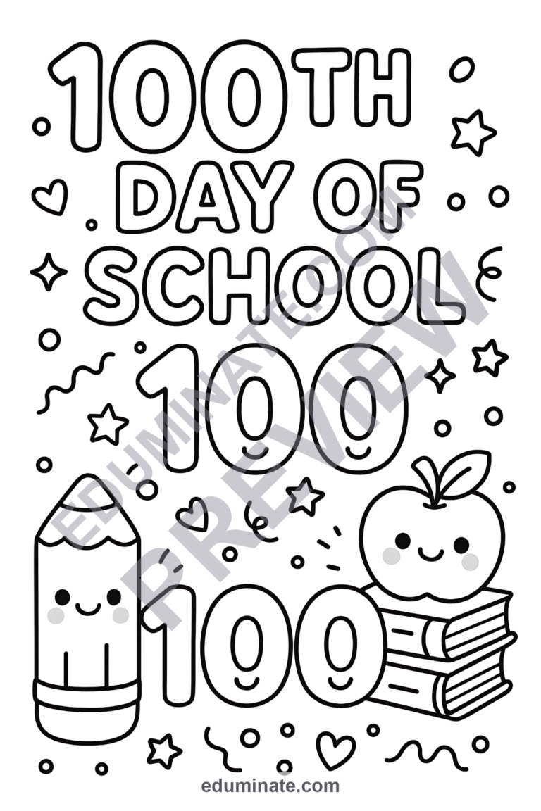 100 Days of School Coloring Pages | Classroom Activity | Fun Printable Set sample page 1