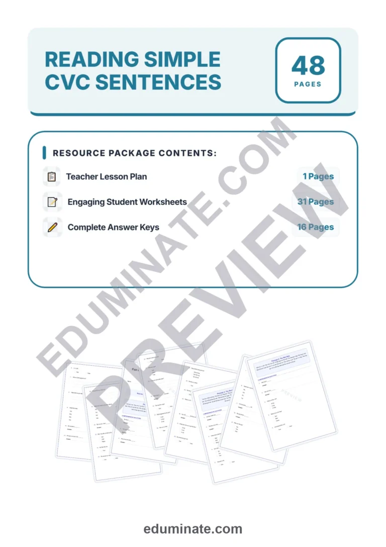 CVC Sentences Kindergarten – Reading Passages, Questions and Answer Key Grade 1 sample page 1