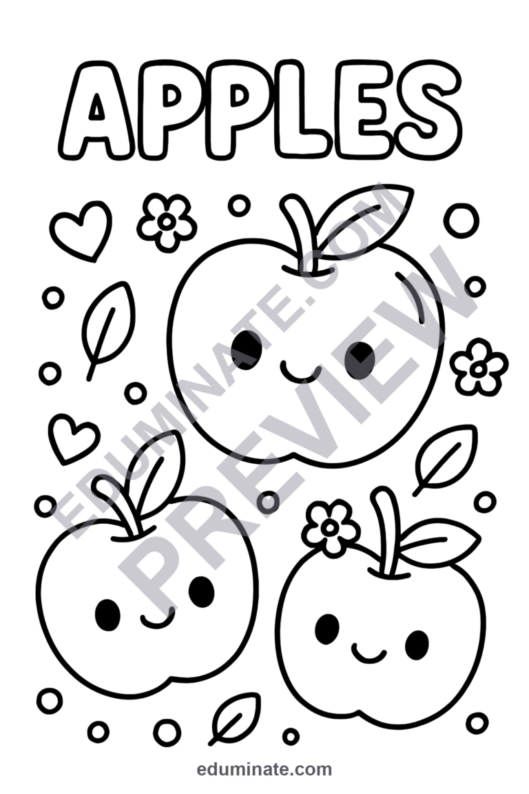 Printable Apple Coloring Pages | Cute Smiling Apple Sheets | Fruit Printables sample page 1