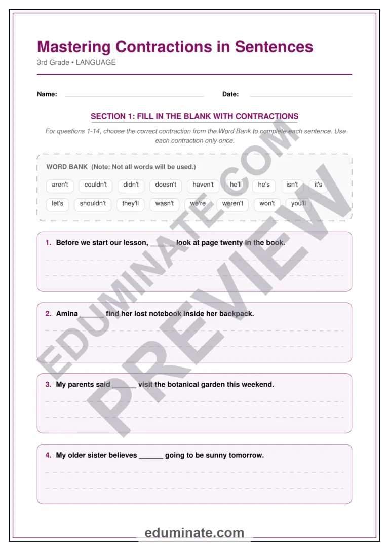 Contractions Worksheets – Sentences Practice Packet – Combining Words Exercises sample page 1