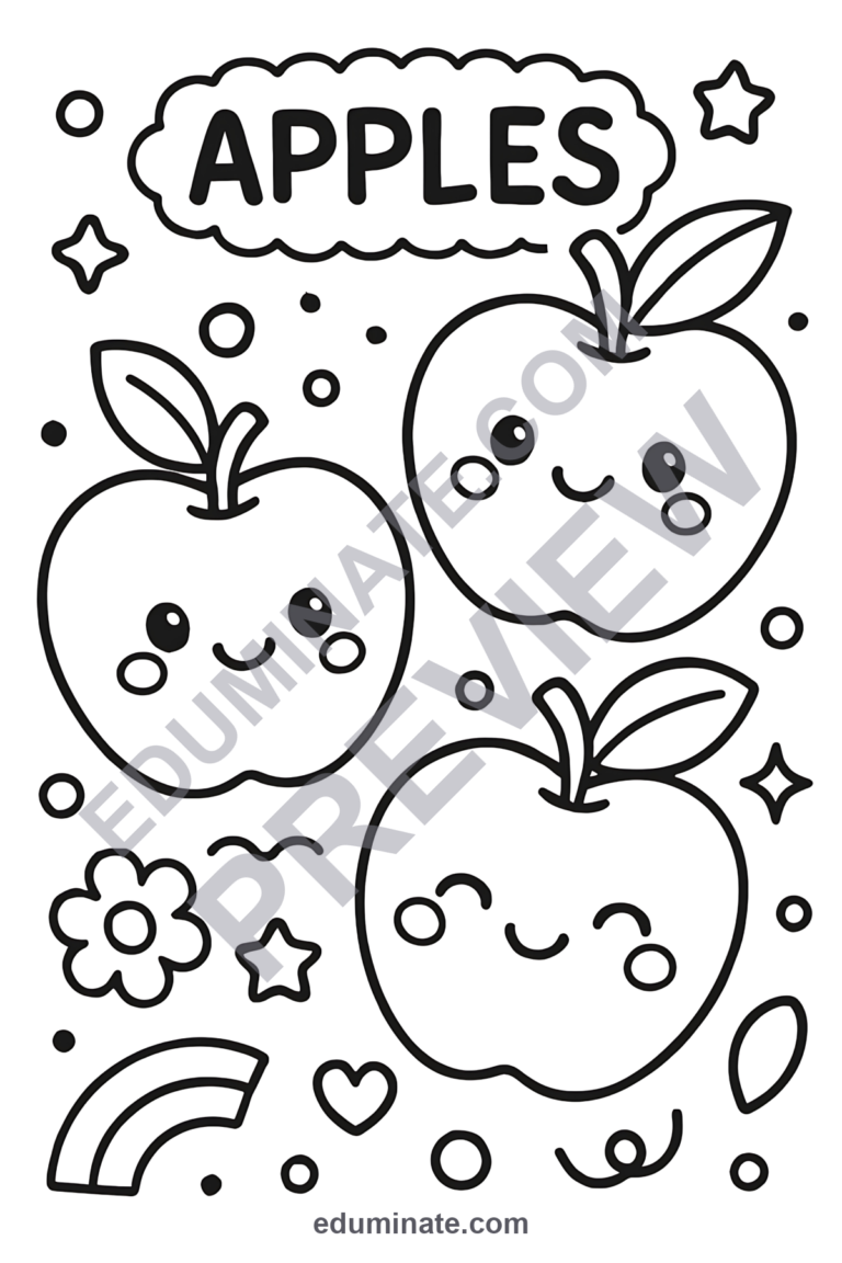 Cute Apple Coloring Pages | Kawaii Fruit Sheets | Smiling Apple Characters sample page 1