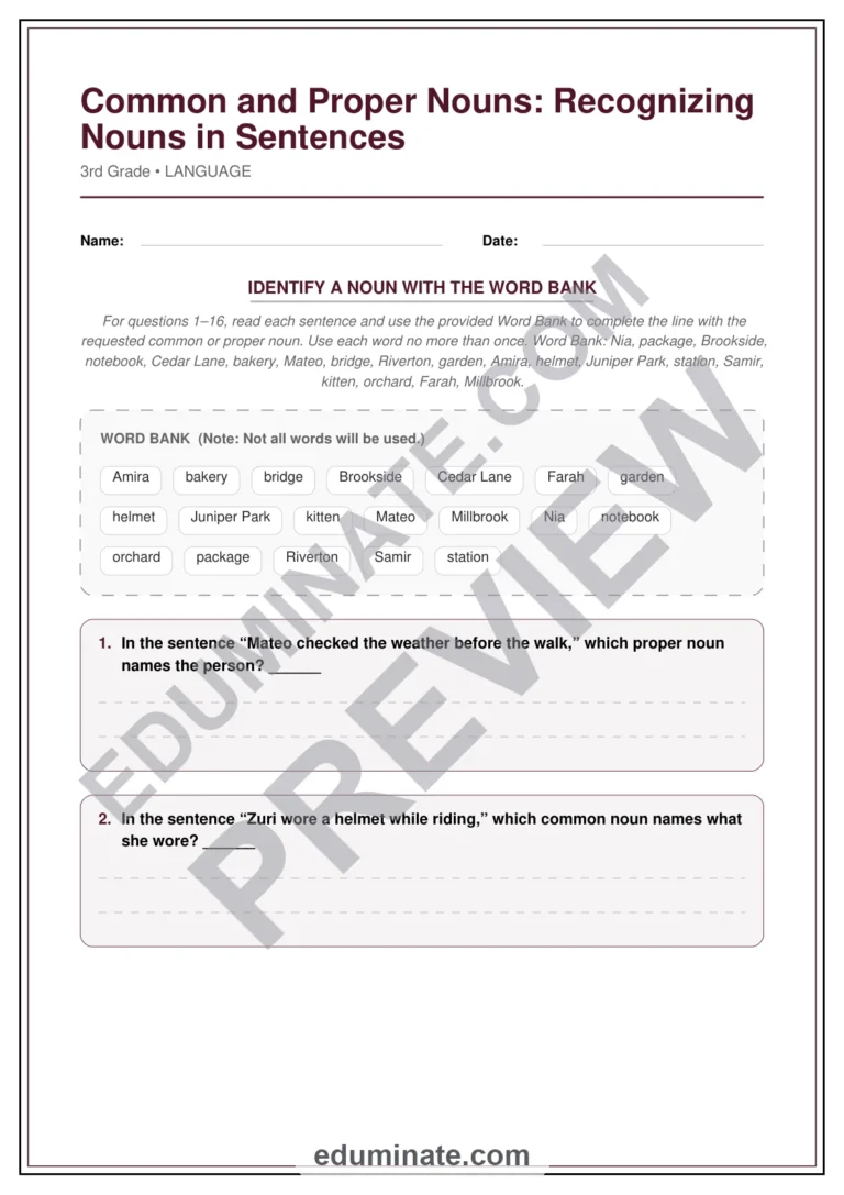 Common and Proper Nouns Worksheets | Grammar Practice for Grade 3 Sentence Work sample page 1