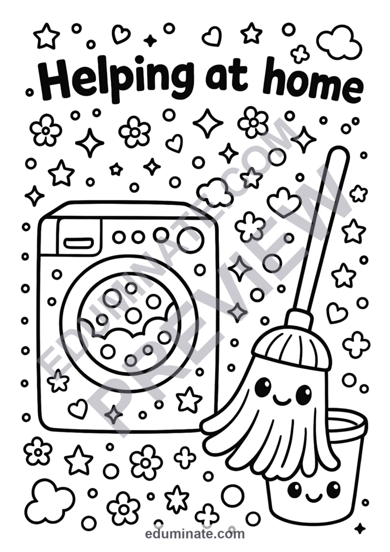 Household Chores Coloring Pages Helping at Home Activity Sheets Pack for Kids sample page 1