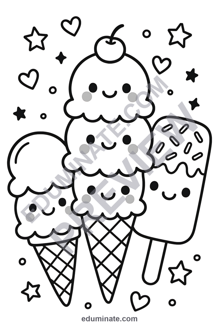 Ice Cream Cone Coloring Pages Sweet Dessert Activity Sheets for Kids Pack sample page 1