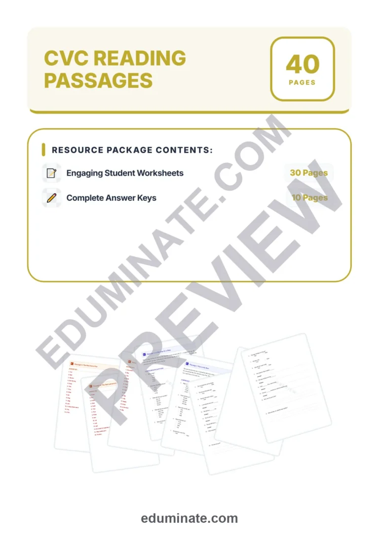 Decodable Passages – Decodable CVC Printable Pages, Questions and Answer Key sample page 1