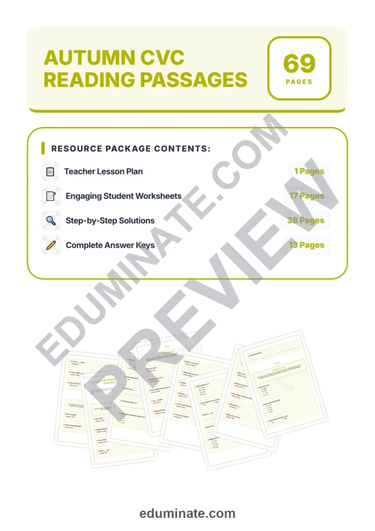 Fall CVC Worksheets – Autumn CVC Reading Passages, Questions and Answer Key sample page 1