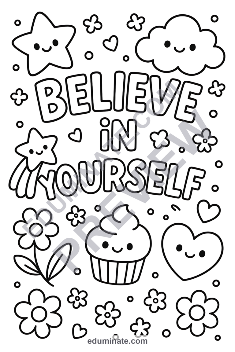 Inspirational Coloring Pages Positive Mindset Activity Sheets Pack for Kids sample page 1