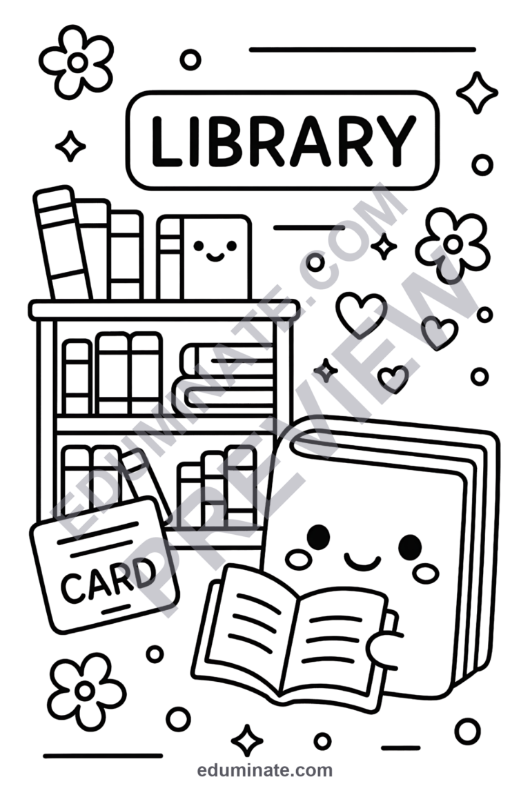 Library Coloring Pages Reading and Books Art Activity Sheets Pack for Kids sample page 1