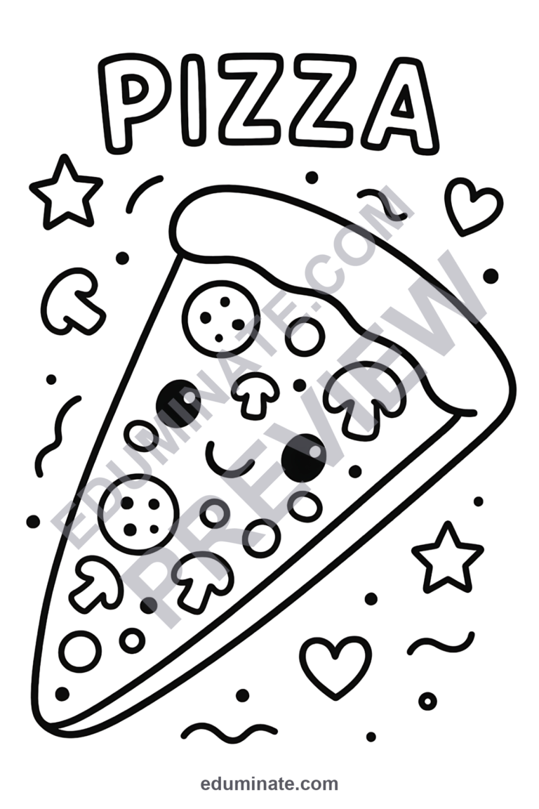 Cute Pizza Coloring Pages Kawaii Food Characters Activity Pack for Kids Fun sample page 2