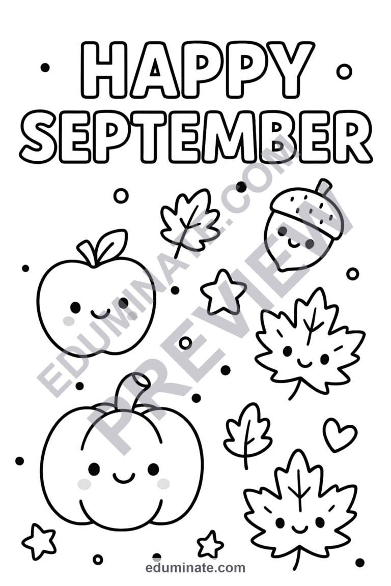 Cute September Coloring Pages Kawaii Fall Friends Activity Sheets Pack Kids sample page 2