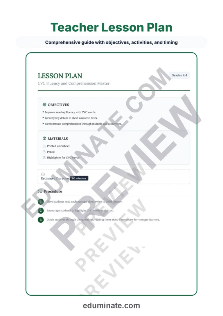 Kindergarten CVC Worksheets – Reading Passages with Questions and Answer Key sample page 2