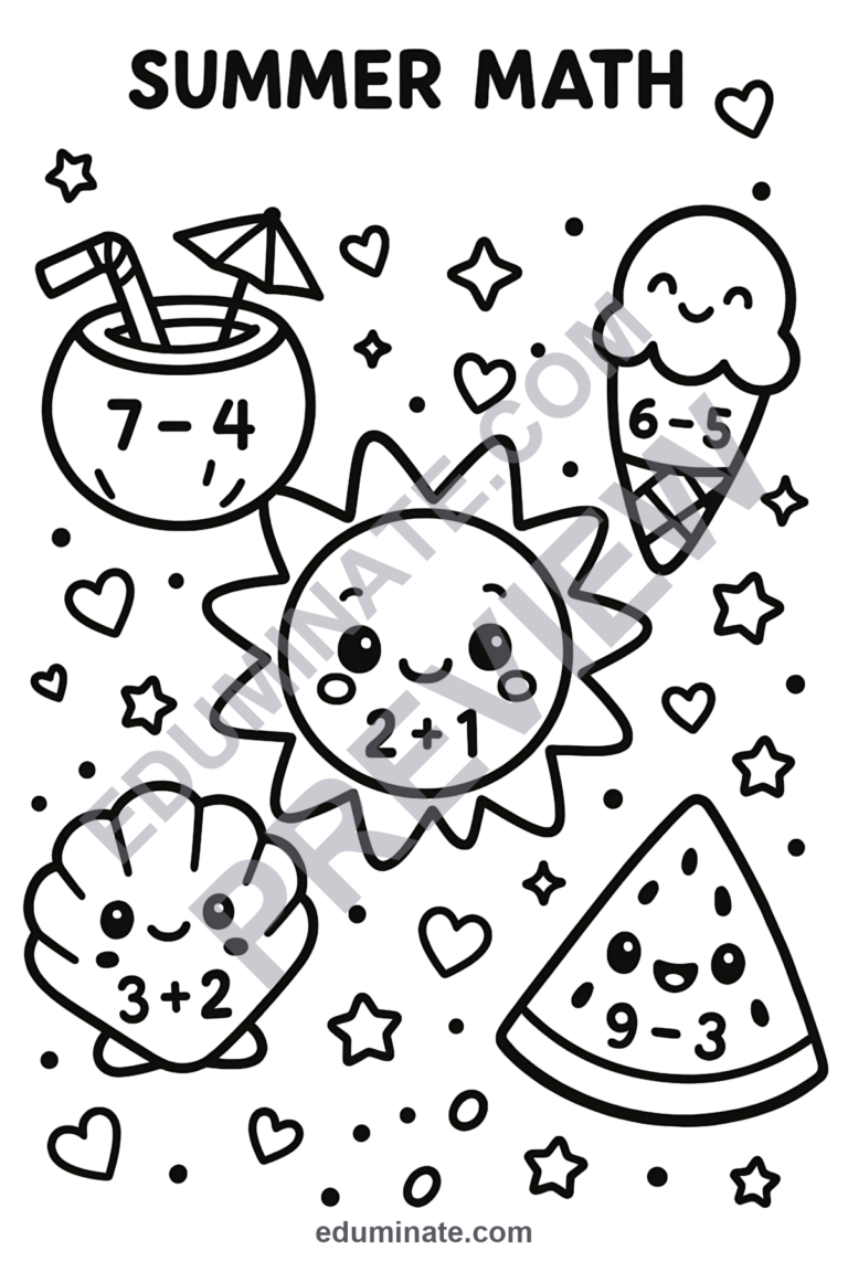 Summer Math Coloring Pages Addition and Subtraction Activity Pack for Kids sample page 2