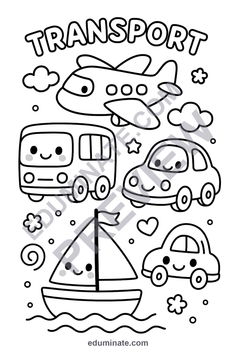 Transportation Coloring Pages Land Sea and Air Vehicles Activity Sheets Kids sample page 2
