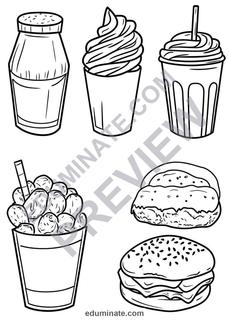 Food Coloring Pages Delicious Snacks Burgers Cake Activity Sheets for Kids sample page 2