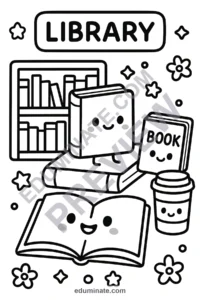 Printable Library Coloring Pages Reading Activity Sheets Pack for Kids Fun page 2