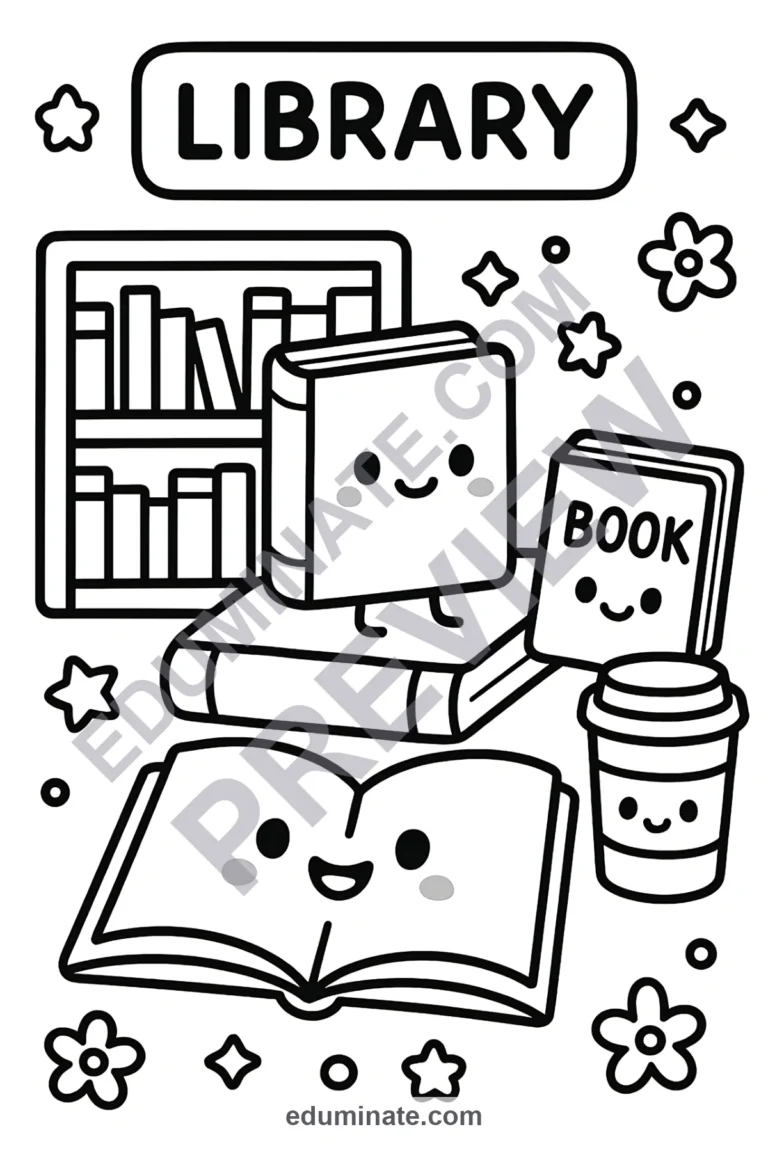 Printable Library Coloring Pages Reading Activity Sheets Pack for Kids Fun sample page 2