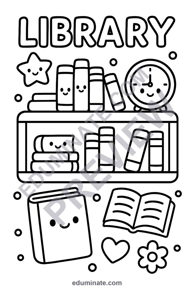 School Library Coloring Pages Book Week Art Activity Sheets Pack for Kids sample page 2