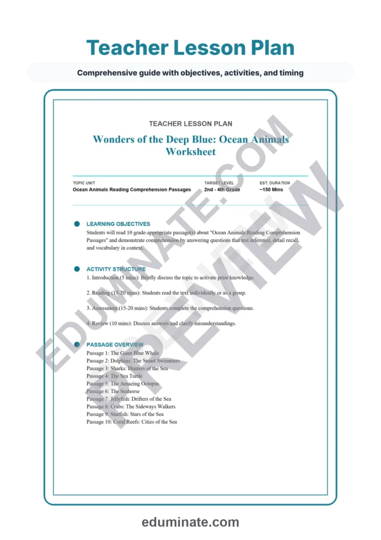 Ocean Animals Reading Comprehension Passages And Questions Printable Pack sample page 2