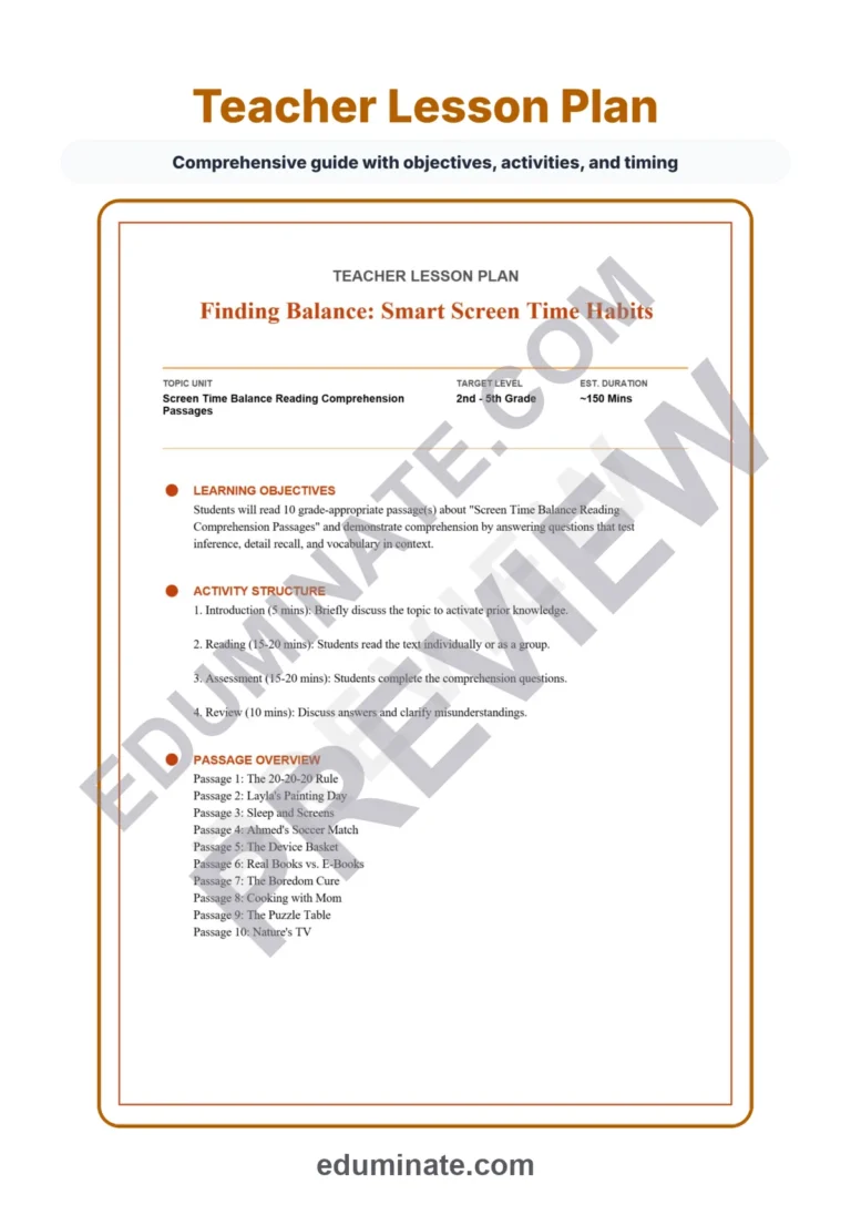 Screen Time Reading Comprehension Passages and Healthy Habits Worksheet Set sample page 2