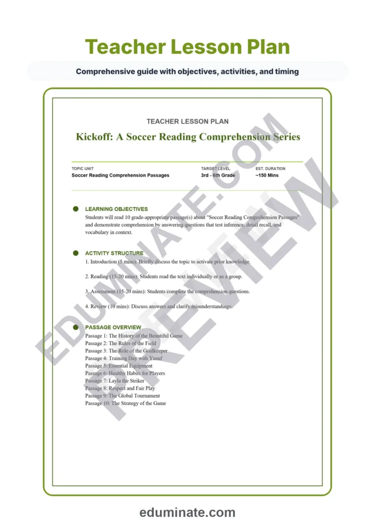 Soccer Reading Comprehension Passages and Sports Activities Worksheets Set sample page 2