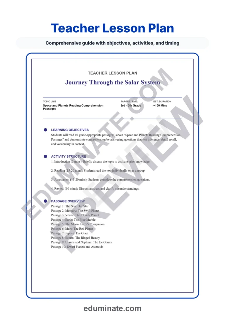Space and Planets Reading Comprehension Passages and Solar System Worksheets sample page 2