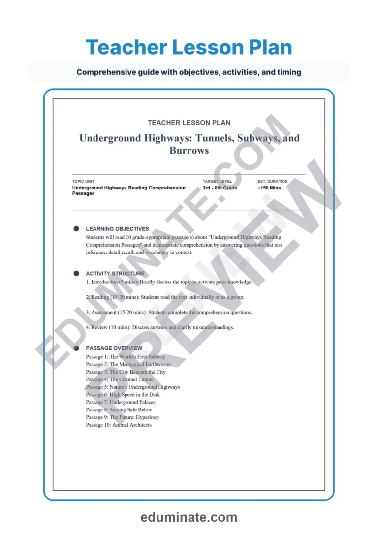 Underground Highways Reading Comprehension Subways and Tunnels Passages Packet sample page 2