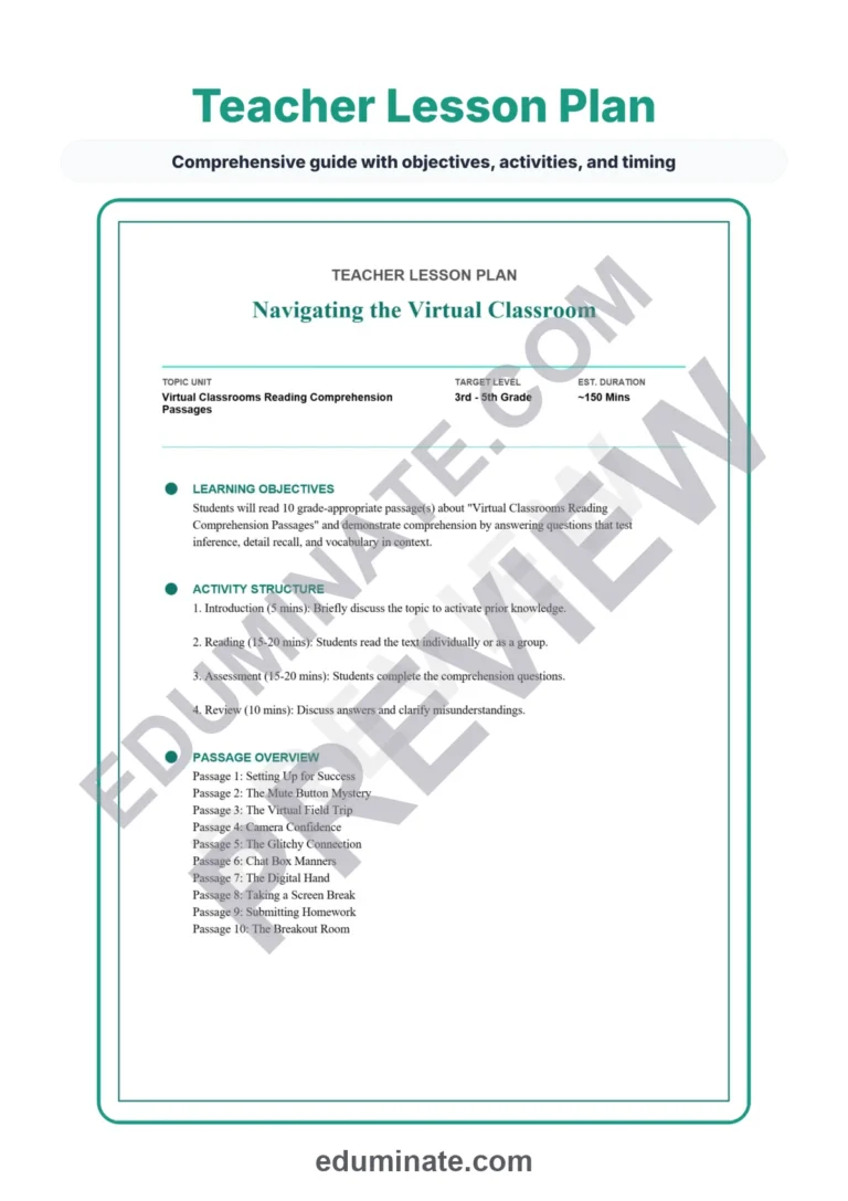 Virtual Classrooms Reading Comprehension Passages and Online Learning Sheets sample page 2