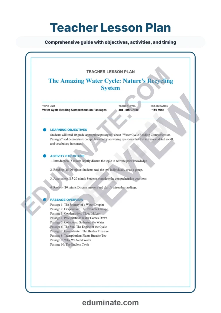 Water Cycle Reading Comprehension Passages and Worksheets for Classroom Study sample page 2