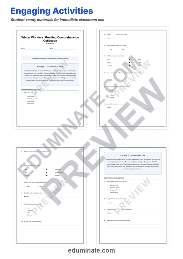 Fourth Grade Winter Reading Comprehension Passages Elementary Literacy Unit sample page 2