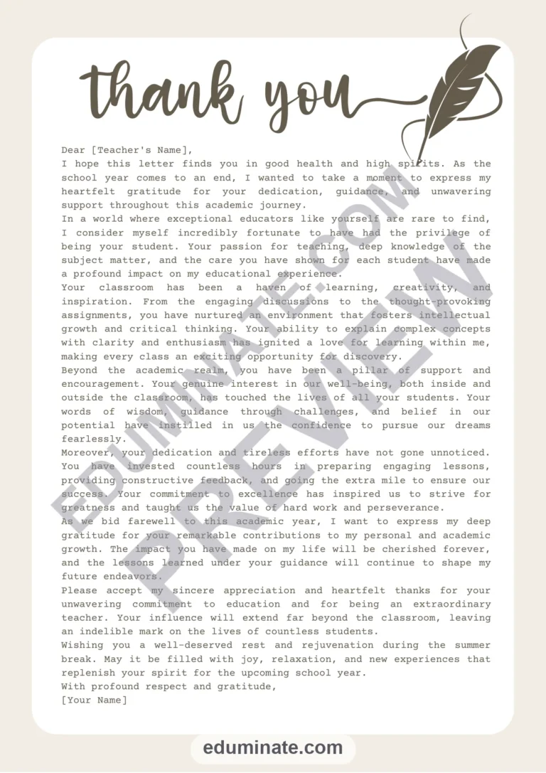 Thank You Letter to Teacher for the Last Day of School – 12 Page Printable PDF sample page 2