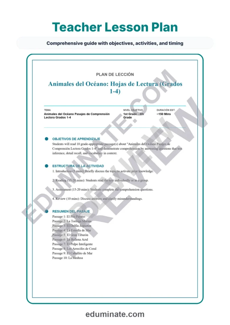 Spanish Ocean Animals Reading Passages – Questions and Answer Key Grades 1-4 sample page 2
