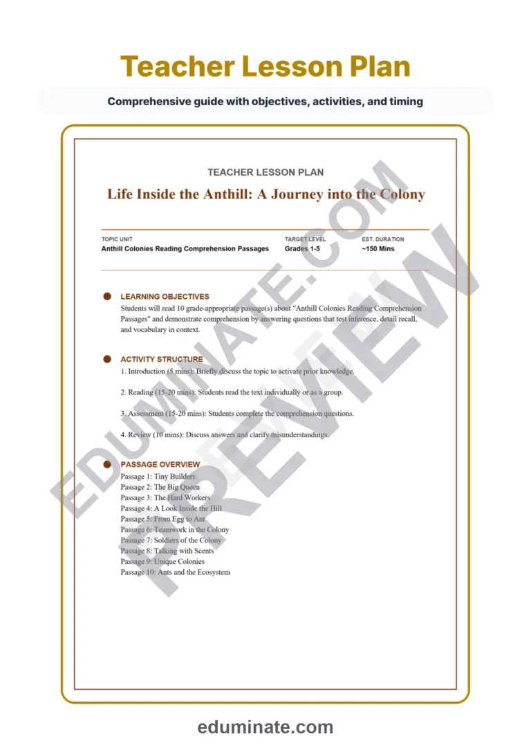 Anthill Colonies Reading Comprehension Passages and Worksheets Grades 1-5 sample page 2