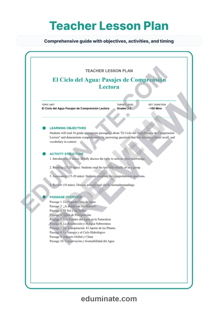 Spanish Water Cycle Reading Passages – Questions and Answer Key Grades 2-6 sample page 2