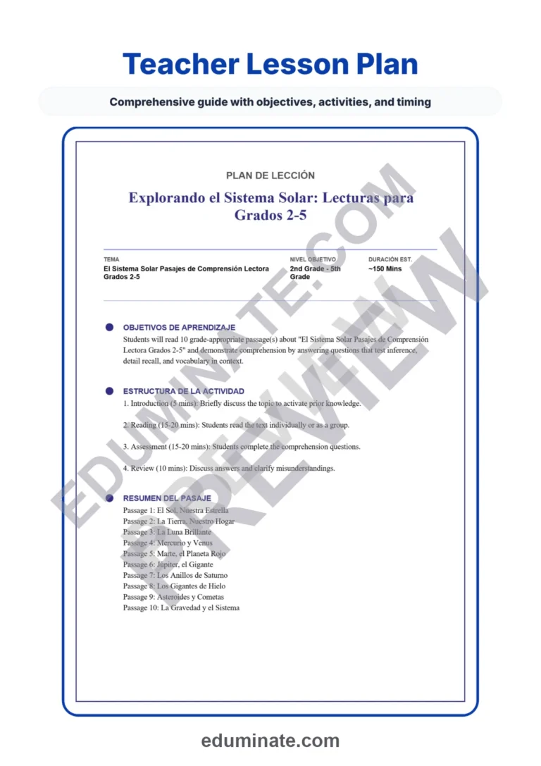 Spanish Solar System Reading Passages – Questions and Answer Key Grades 2-5 sample page 2