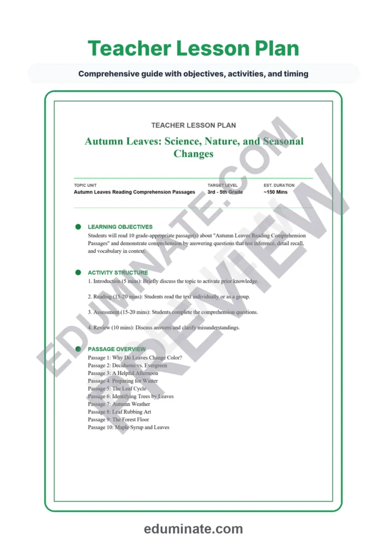Autumn Leaves Reading Comprehension Passages and Worksheets for Grades 3-5 sample page 2