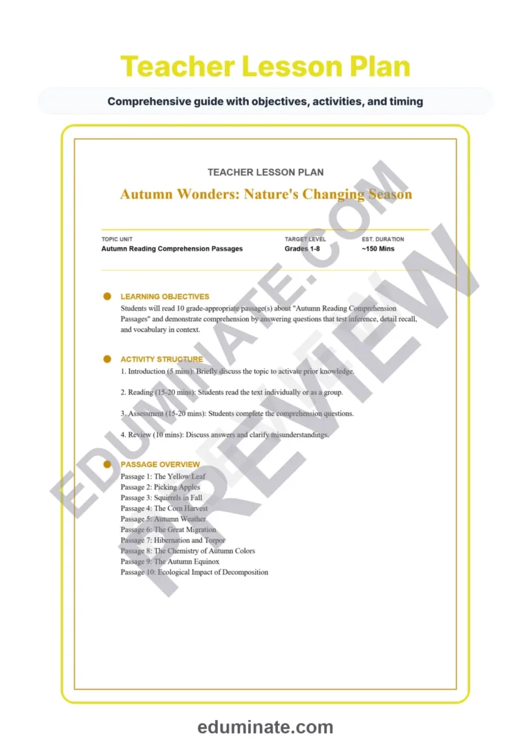 Autumn Reading Comprehension Passages Worksheets Grades 1-8 Autumn Wonders sample page 2