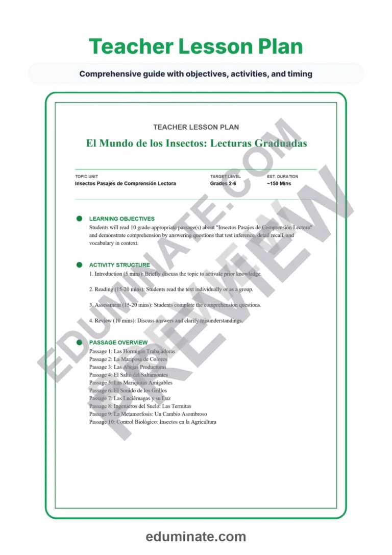 Spanish Insects Reading Passages – Printable Pages with Questions Grades 2-6 sample page 2
