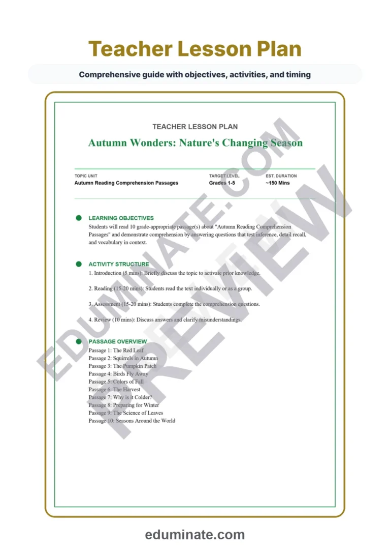 Autumn Nature Reading Comprehension Passages Worksheets Grades 1-5 Printables sample page 2