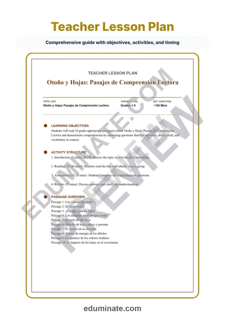 Spanish Fall Reading Comprehension Passages and Worksheets for Grades 1-5 sample page 2
