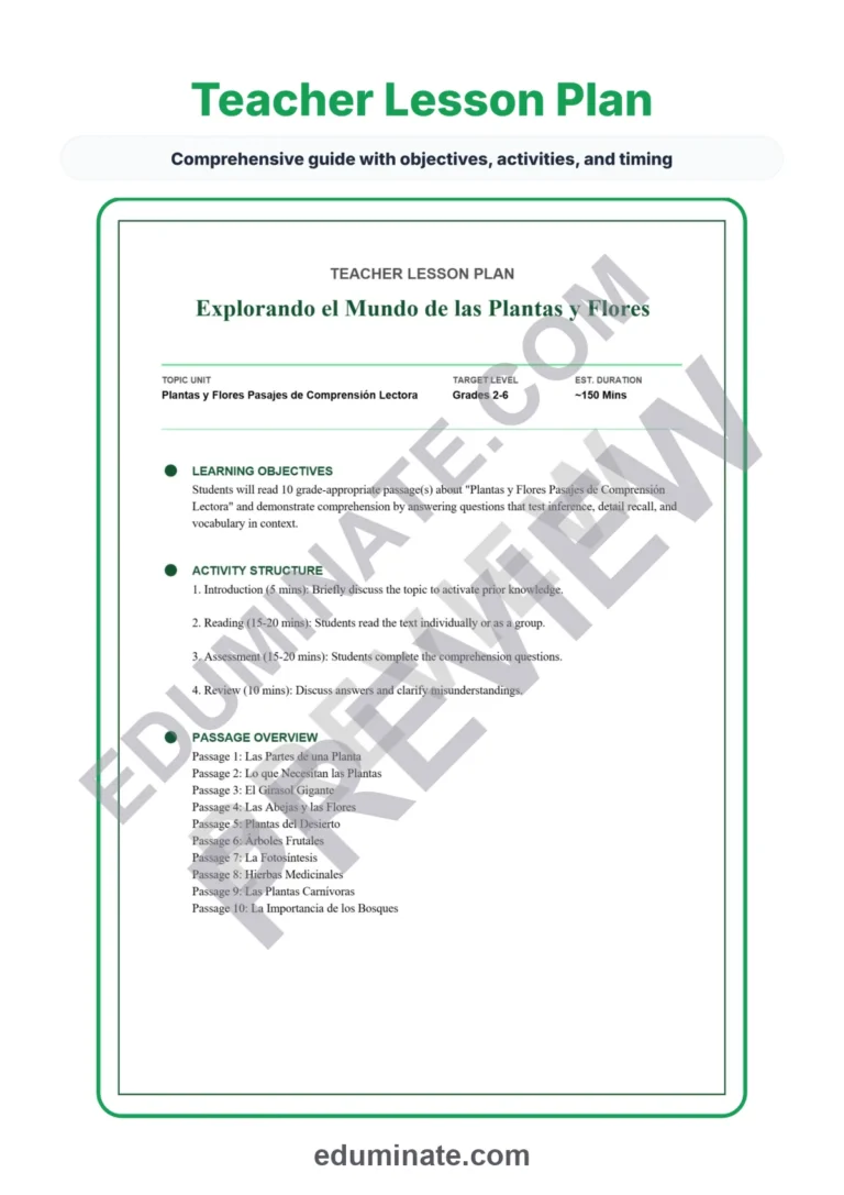Spanish Plants Reading Passages – Printable Pages with Questions Grades 2-6 sample page 2