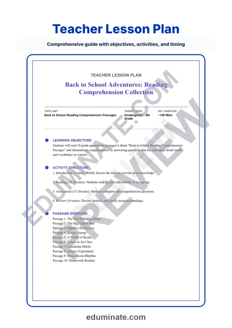 Back to School Reading Comprehension Passages Worksheets Grades K-5 Printables sample page 2