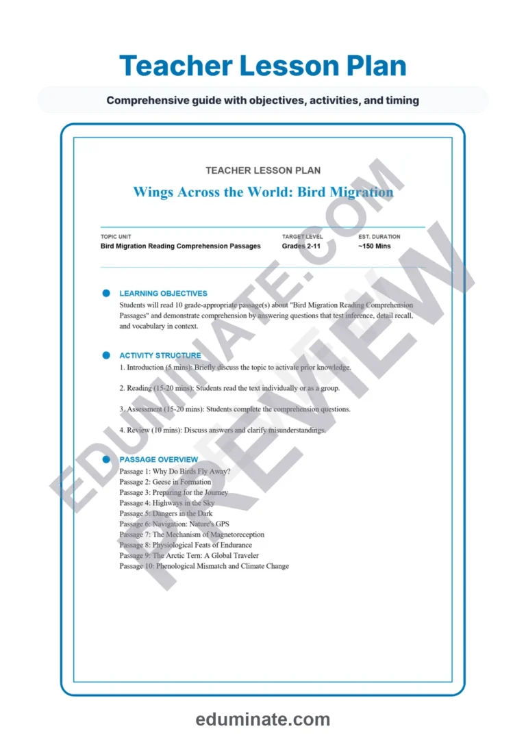 Bird Migration Reading Comprehension Passages Worksheets Grades 2-11 Pages sample page 2