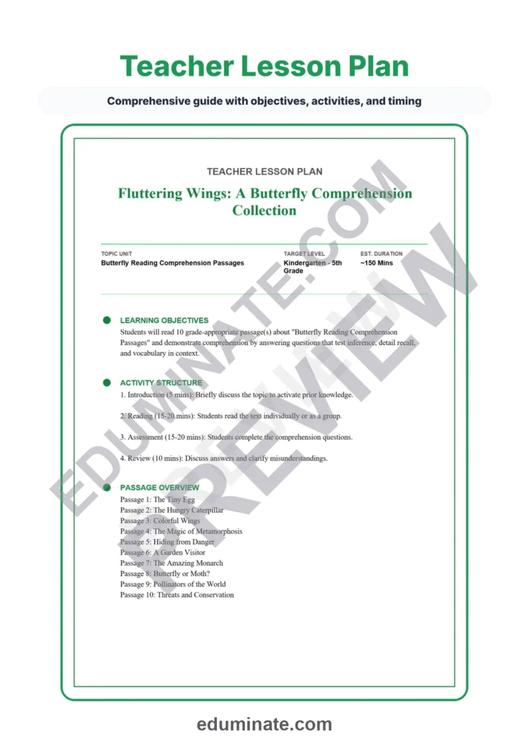 Butterfly Reading Comprehension Passages Worksheets Grades K-5 Printables sample page 2