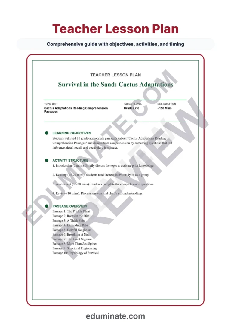 Cactus Adaptations Reading Comprehension Passages Worksheets Grades 2-8 Pages sample page 2