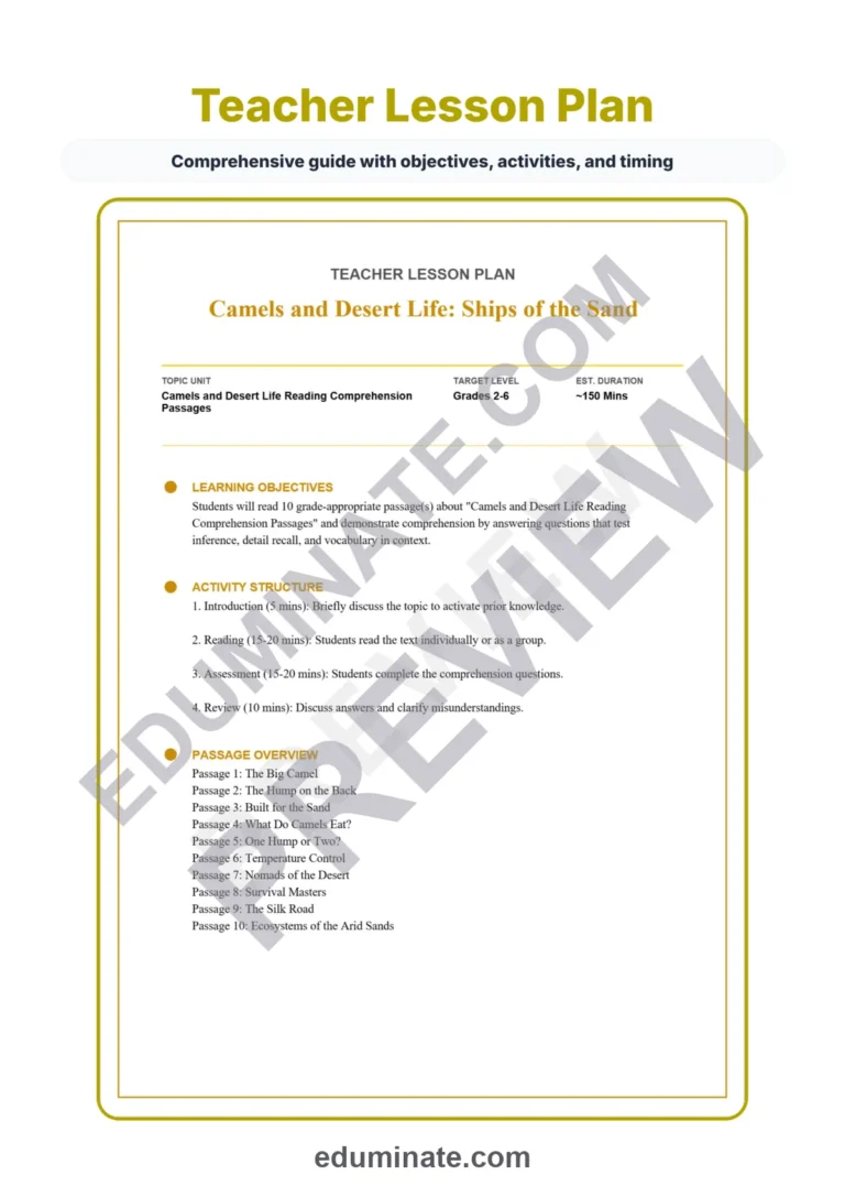 Camels and Desert Life Reading Comprehension Passages Worksheets Grades 2-6 sample page 2