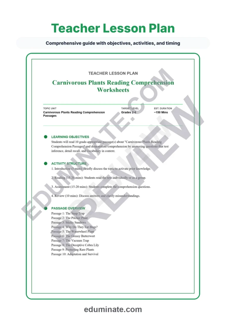 Carnivorous Plants Worksheets: Reading Passages with Answer Keys, Grades 2-6 sample page 2