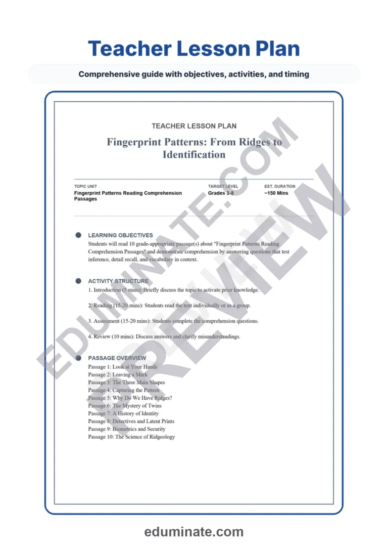 Fingerprint Patterns Reading Comprehension Passages and Questions Grades 3-8 sample page 2