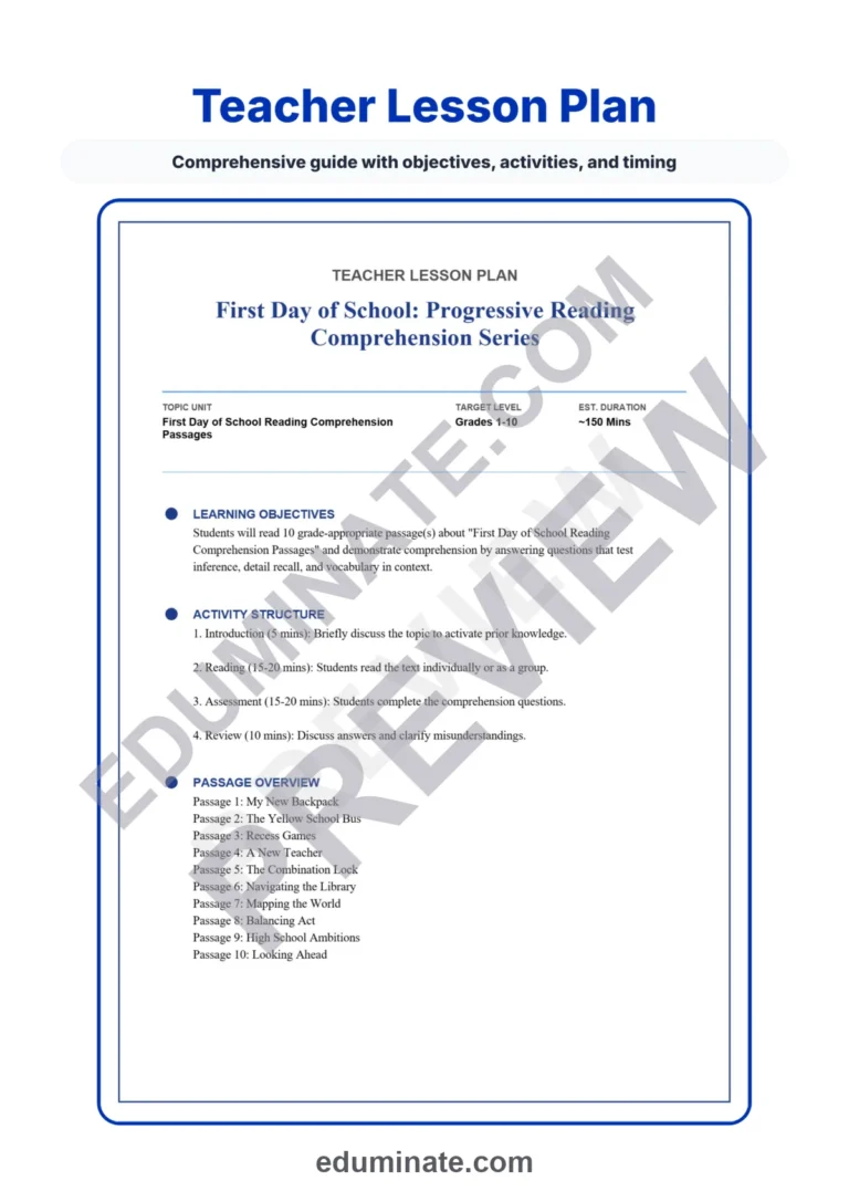 First Day of School Reading Comprehension Passages and Questions Grades 1-10 sample page 2