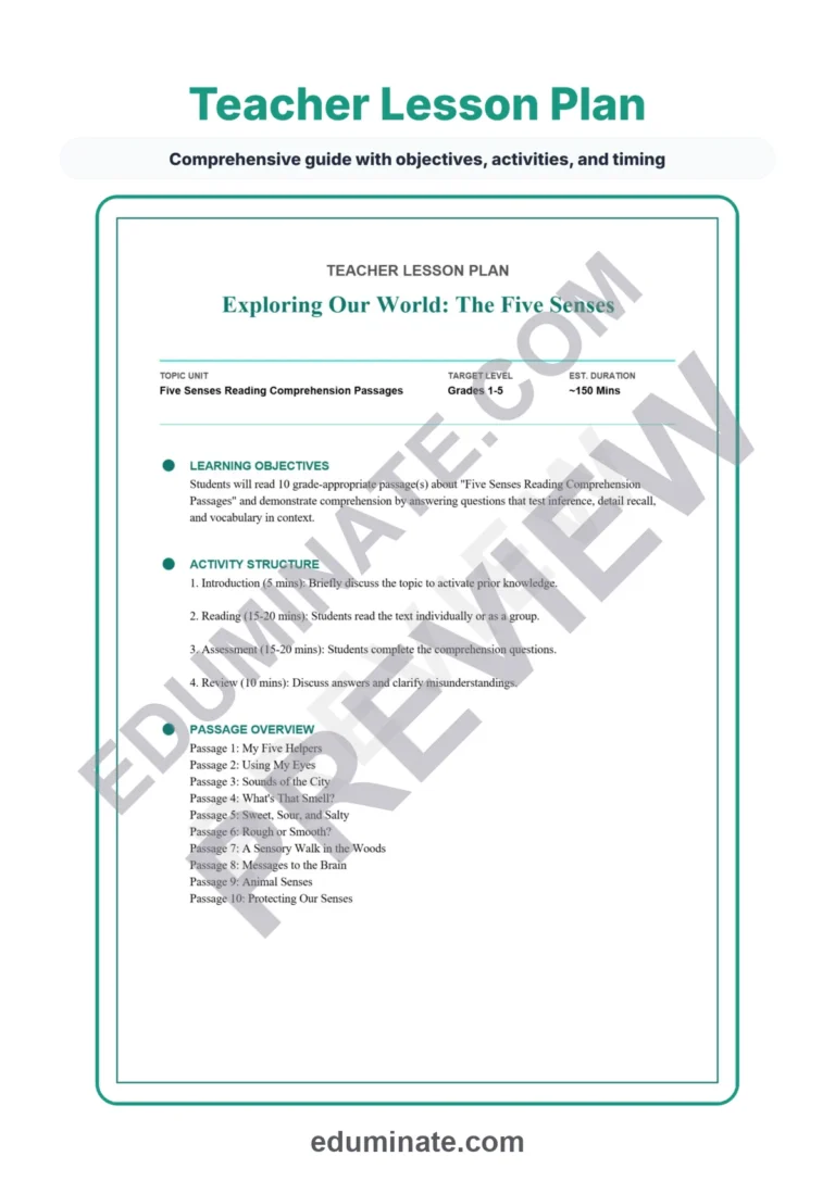 Exploring the Five Senses Reading Comprehension Passages and Questions 1-5 sample page 2
