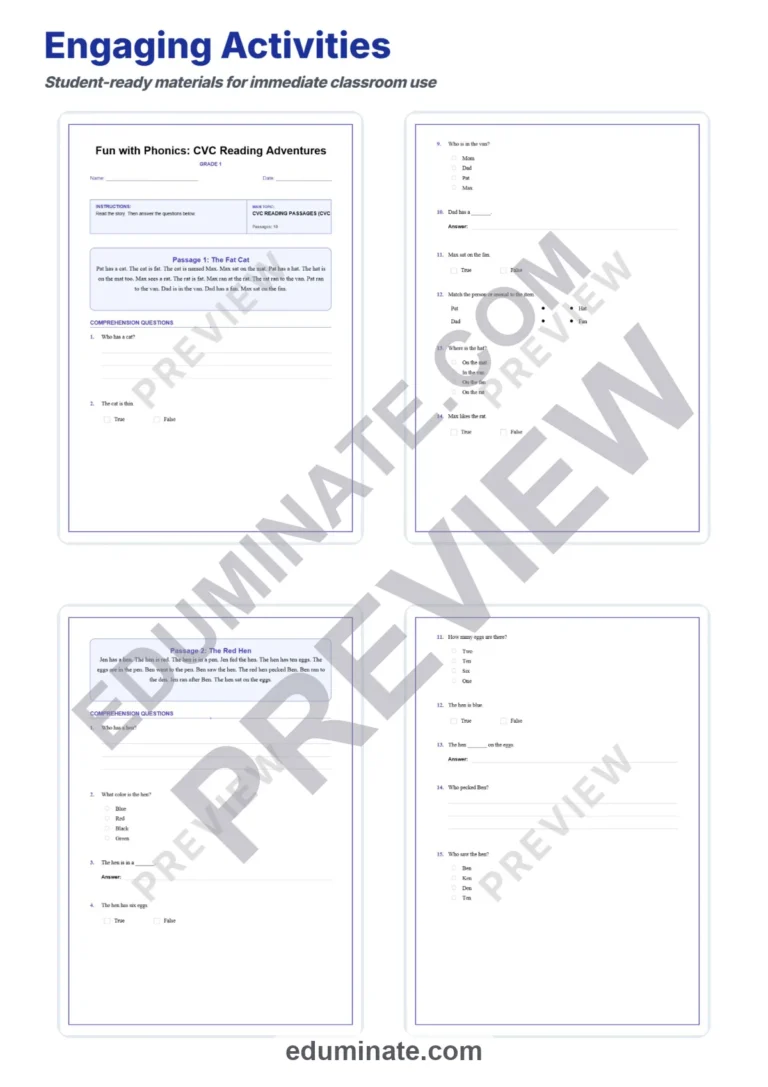 Short Vowel Worksheets – CVC Words Reading Passages and Questions 1st Grade sample page 2